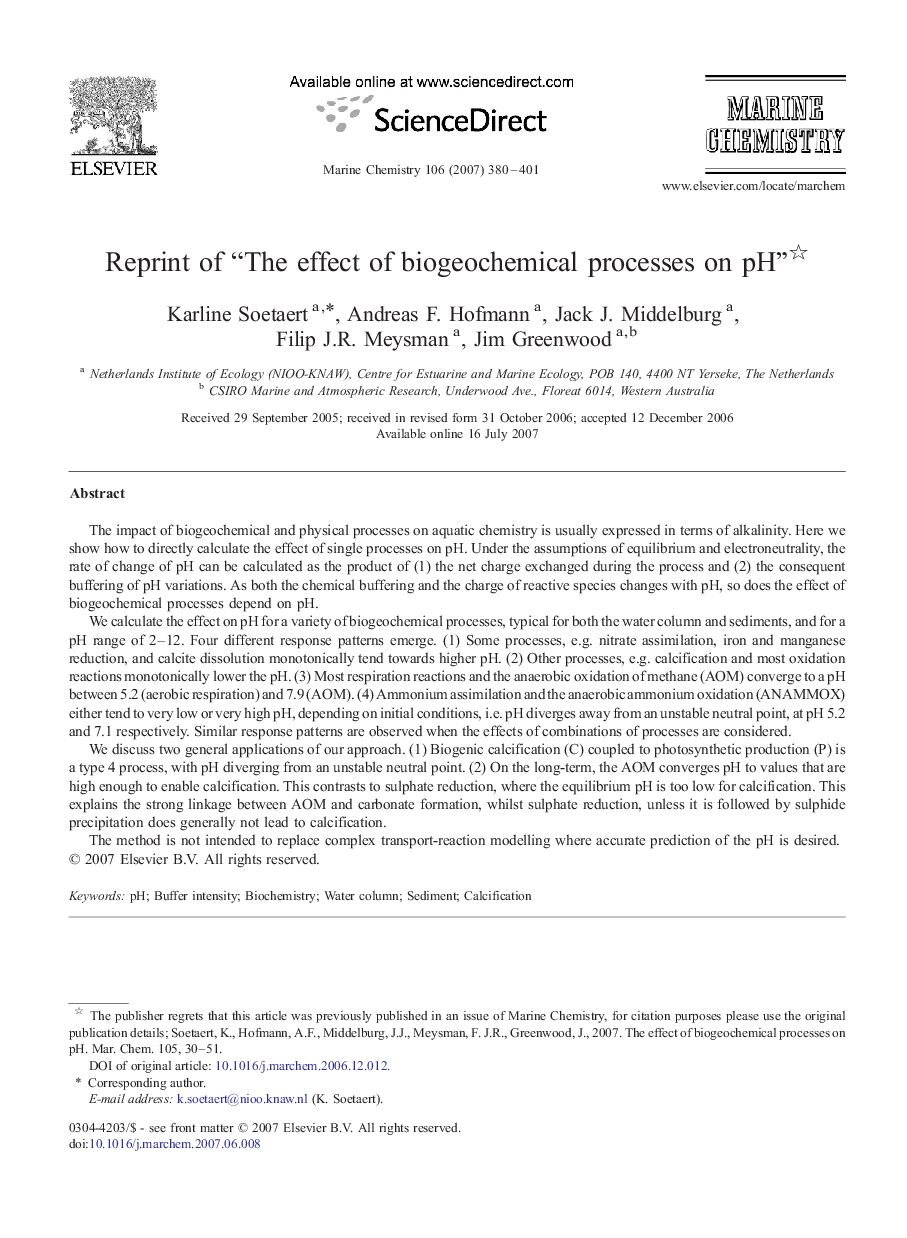 Reprint of “The effect of biogeochemical processes on pH” 