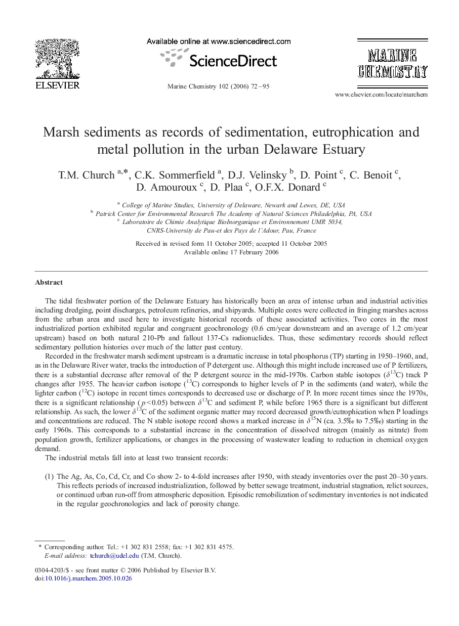 Marsh sediments as records of sedimentation, eutrophication and metal pollution in the urban Delaware Estuary