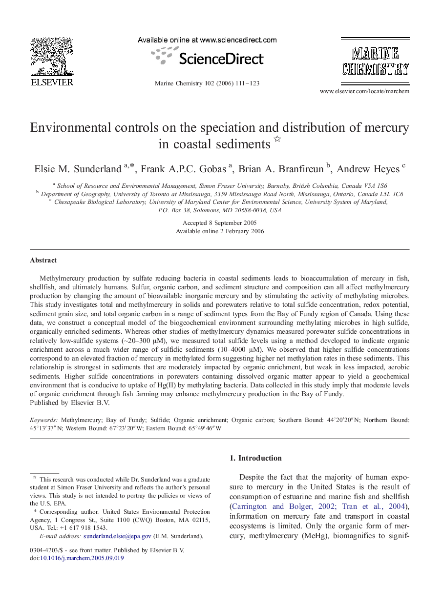 Environmental controls on the speciation and distribution of mercury in coastal sediments 