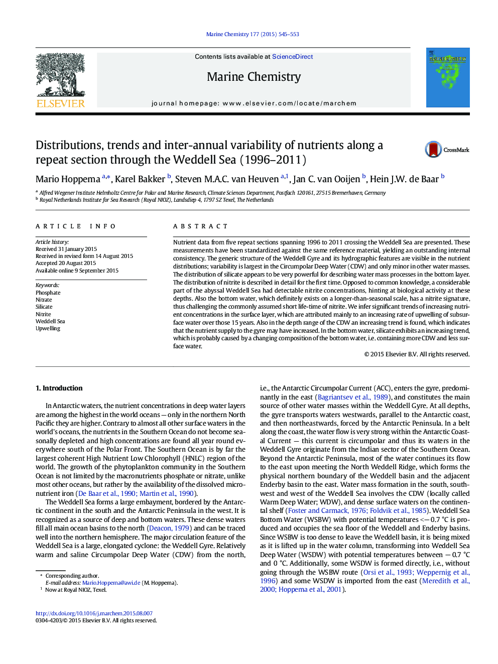 Distributions, trends and inter-annual variability of nutrients along a repeat section through the Weddell Sea (1996–2011)