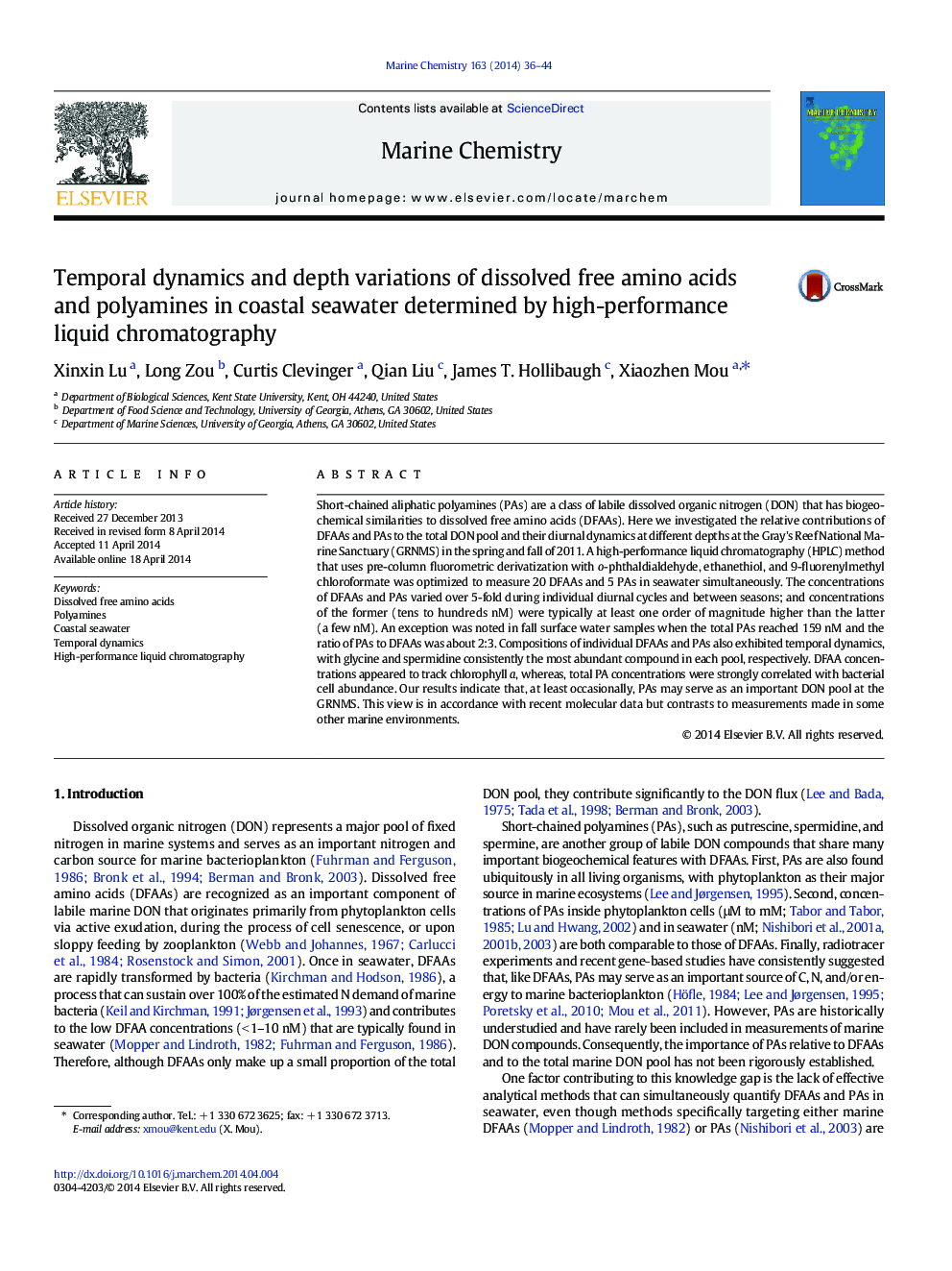 Temporal dynamics and depth variations of dissolved free amino acids and polyamines in coastal seawater determined by high-performance liquid chromatography