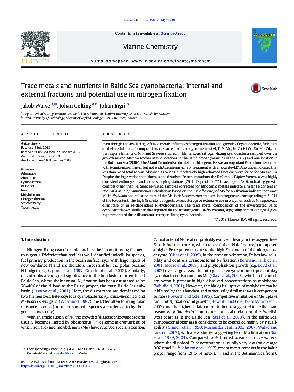 Trace metals and nutrients in Baltic Sea cyanobacteria: Internal and external fractions and potential use in nitrogen fixation