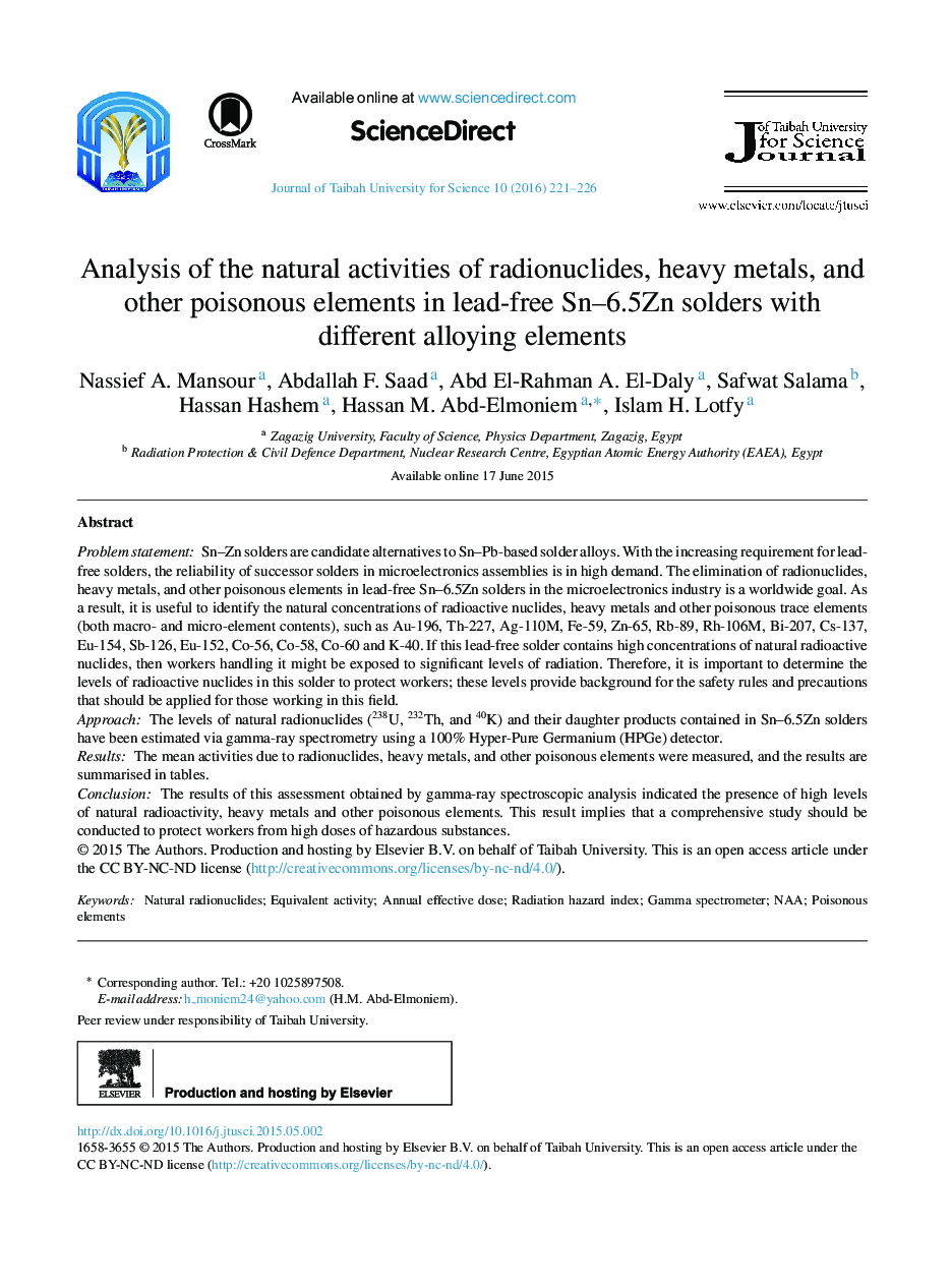 Analysis of the natural activities of radionuclides, heavy metals, and other poisonous elements in lead-free Sn–6.5Zn solders with different alloying elements 