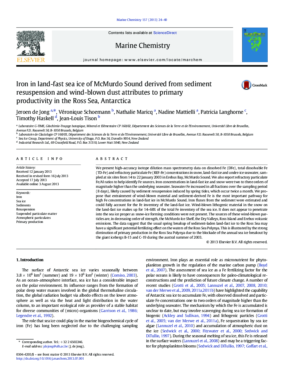 Iron in land-fast sea ice of McMurdo Sound derived from sediment resuspension and wind-blown dust attributes to primary productivity in the Ross Sea, Antarctica