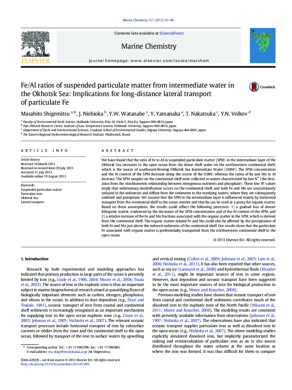 Fe/Al ratios of suspended particulate matter from intermediate water in the Okhotsk Sea: Implications for long-distance lateral transport of particulate Fe