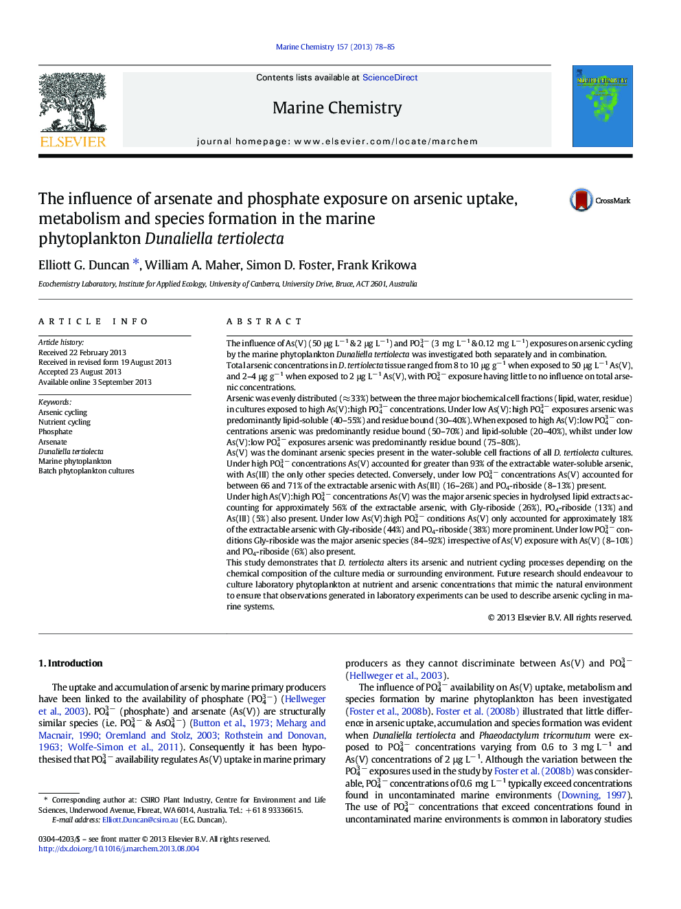 The influence of arsenate and phosphate exposure on arsenic uptake, metabolism and species formation in the marine phytoplankton Dunaliella tertiolecta