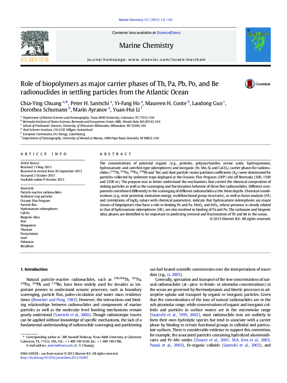 Role of biopolymers as major carrier phases of Th, Pa, Pb, Po, and Be radionuclides in settling particles from the Atlantic Ocean