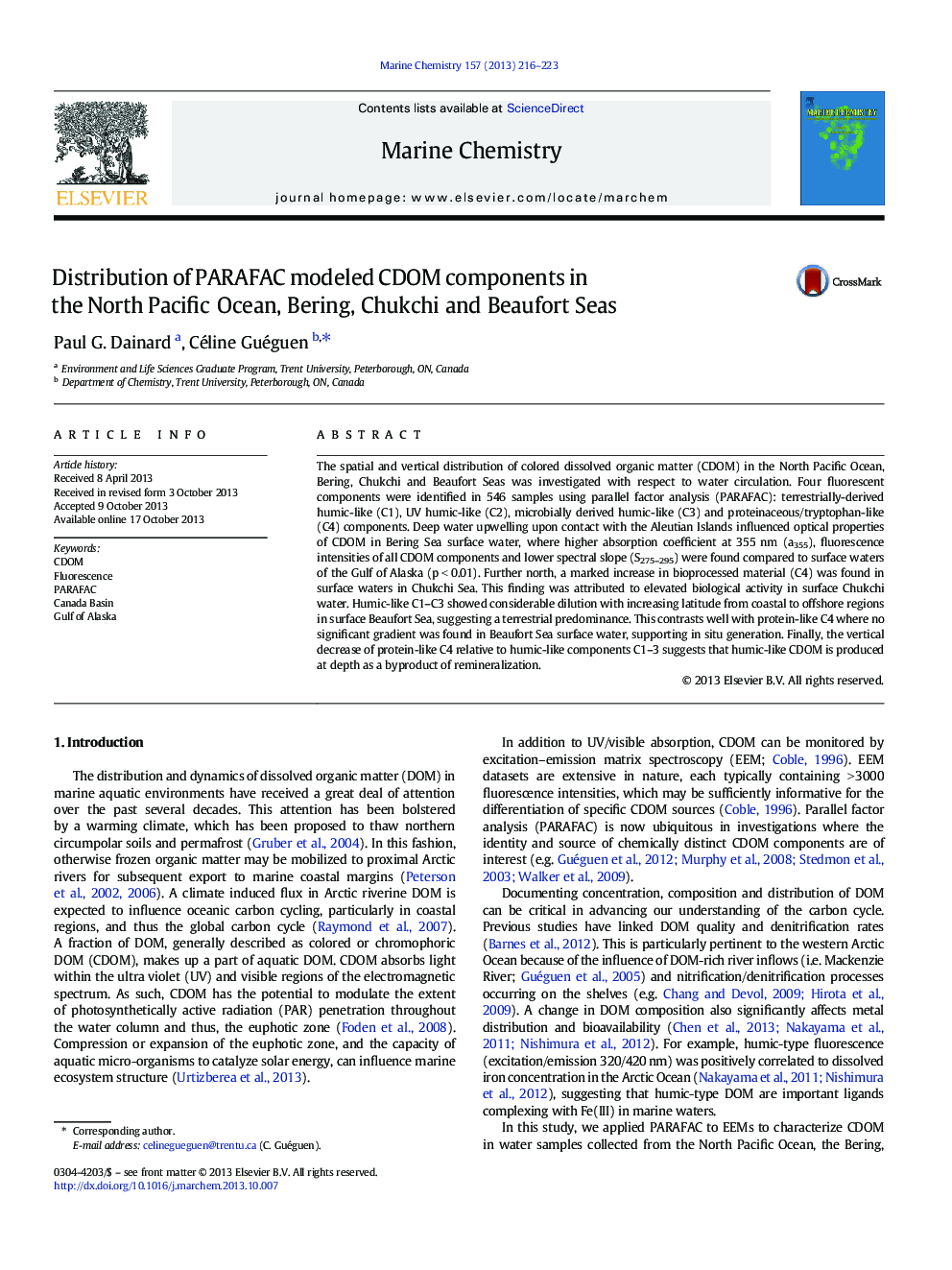 Distribution of PARAFAC modeled CDOM components in the North Pacific Ocean, Bering, Chukchi and Beaufort Seas