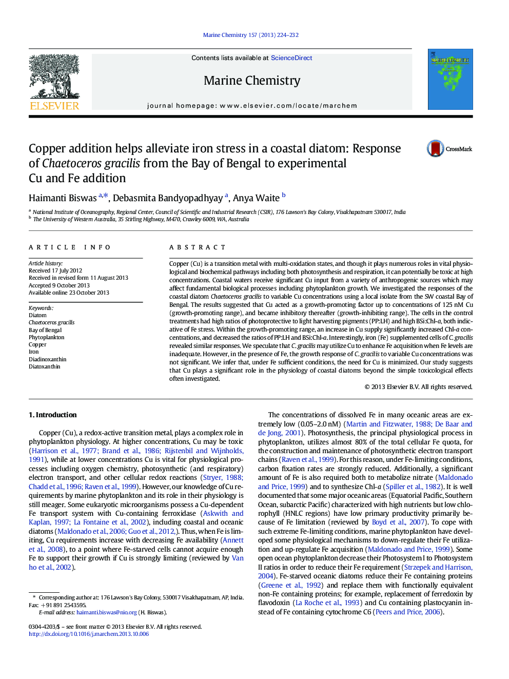 Copper addition helps alleviate iron stress in a coastal diatom: Response of Chaetoceros gracilis from the Bay of Bengal to experimental Cu and Fe addition