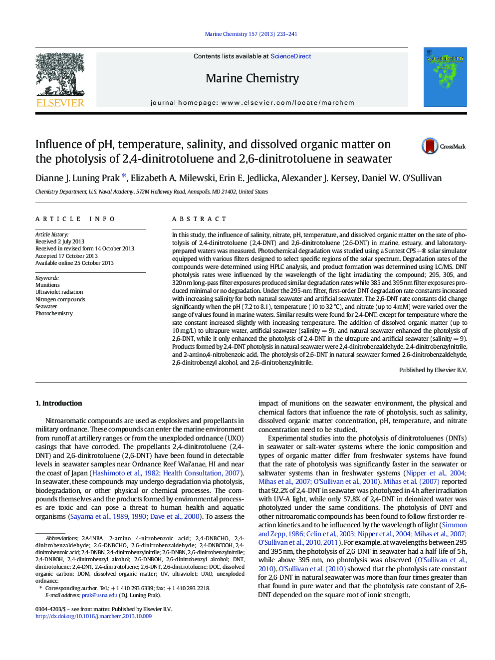 Influence of pH, temperature, salinity, and dissolved organic matter on the photolysis of 2,4-dinitrotoluene and 2,6-dinitrotoluene in seawater