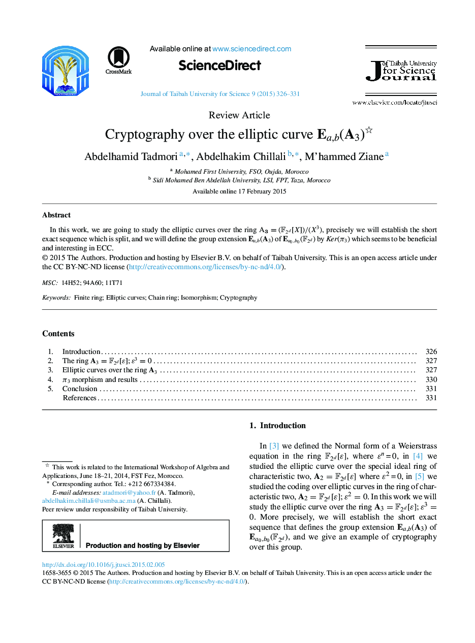 Cryptography over the elliptic curve Ea,b(A3) 