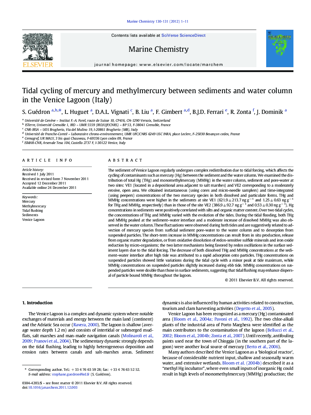 Tidal cycling of mercury and methylmercury between sediments and water column in the Venice Lagoon (Italy)