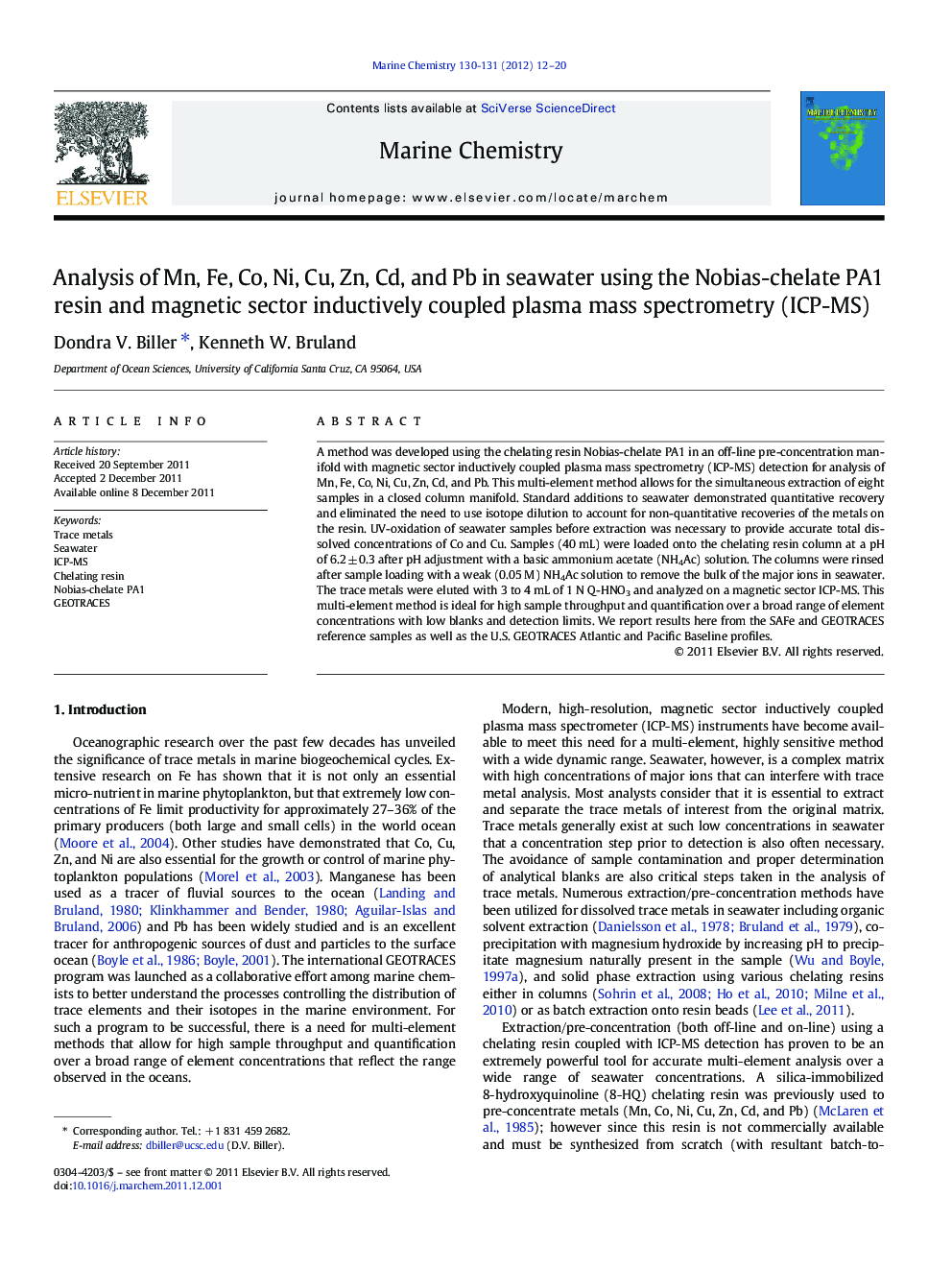 Analysis of Mn, Fe, Co, Ni, Cu, Zn, Cd, and Pb in seawater using the Nobias-chelate PA1 resin and magnetic sector inductively coupled plasma mass spectrometry (ICP-MS)