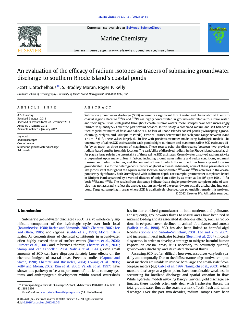 An evaluation of the efficacy of radium isotopes as tracers of submarine groundwater discharge to southern Rhode Island's coastal ponds