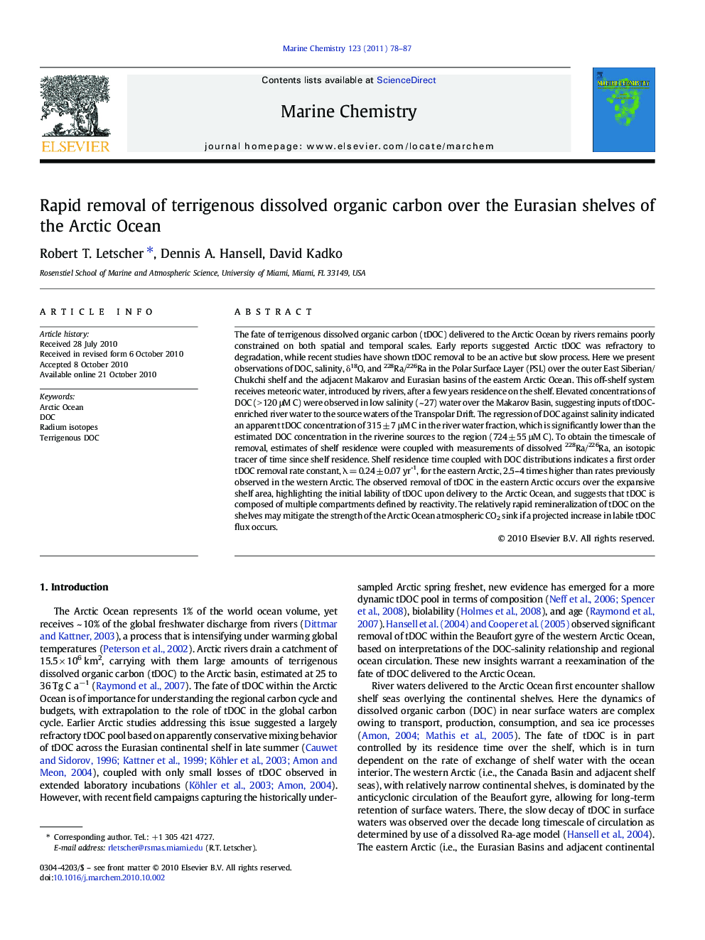 Rapid removal of terrigenous dissolved organic carbon over the Eurasian shelves of the Arctic Ocean