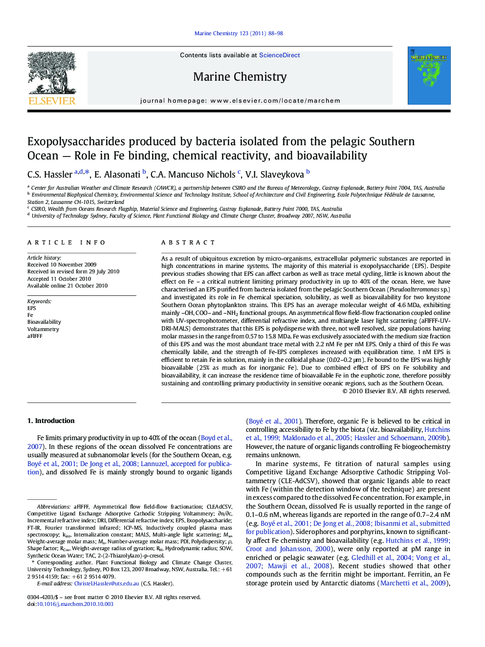 Exopolysaccharides produced by bacteria isolated from the pelagic Southern Ocean — Role in Fe binding, chemical reactivity, and bioavailability