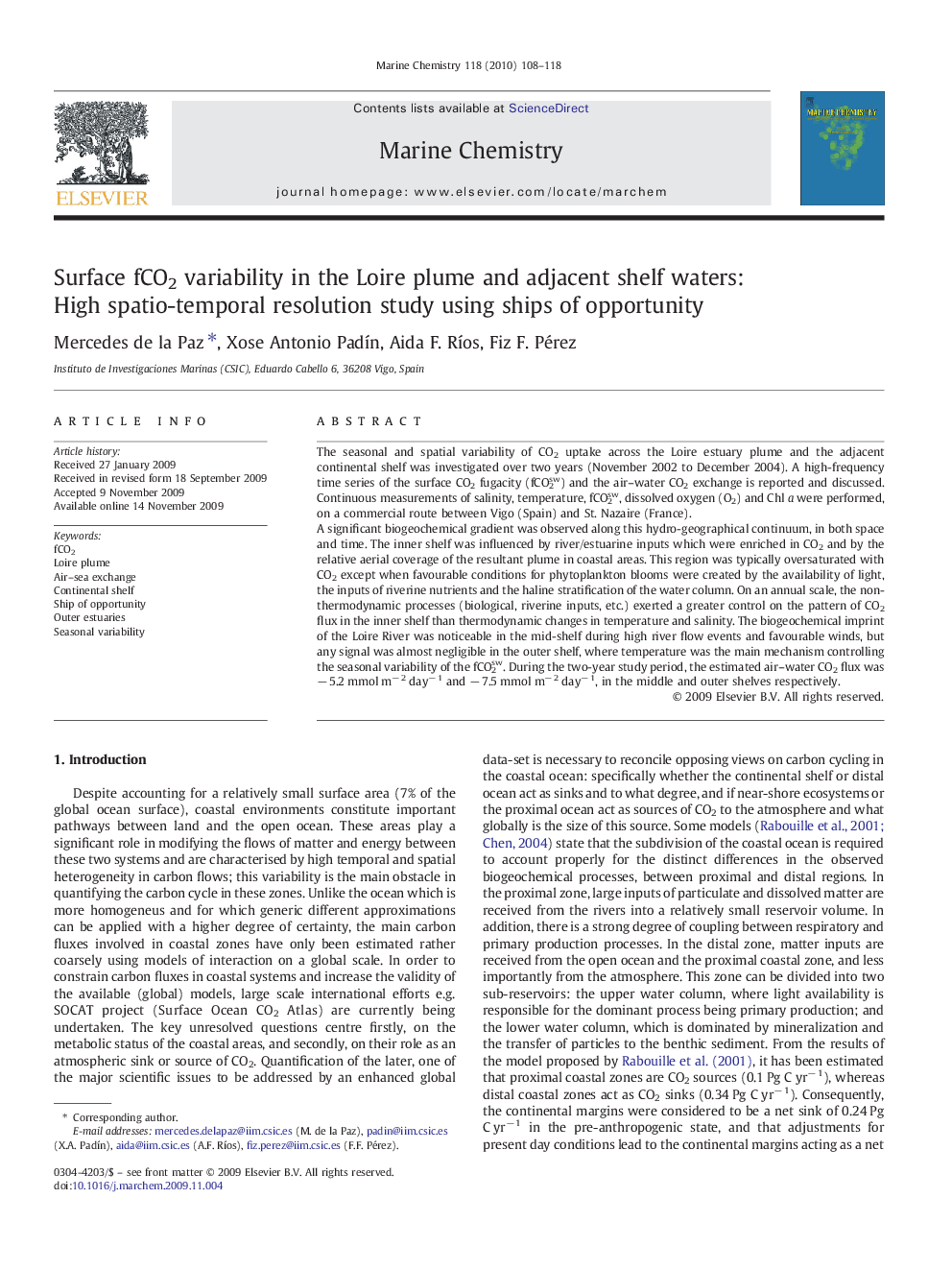 Surface fCO2 variability in the Loire plume and adjacent shelf waters: High spatio-temporal resolution study using ships of opportunity