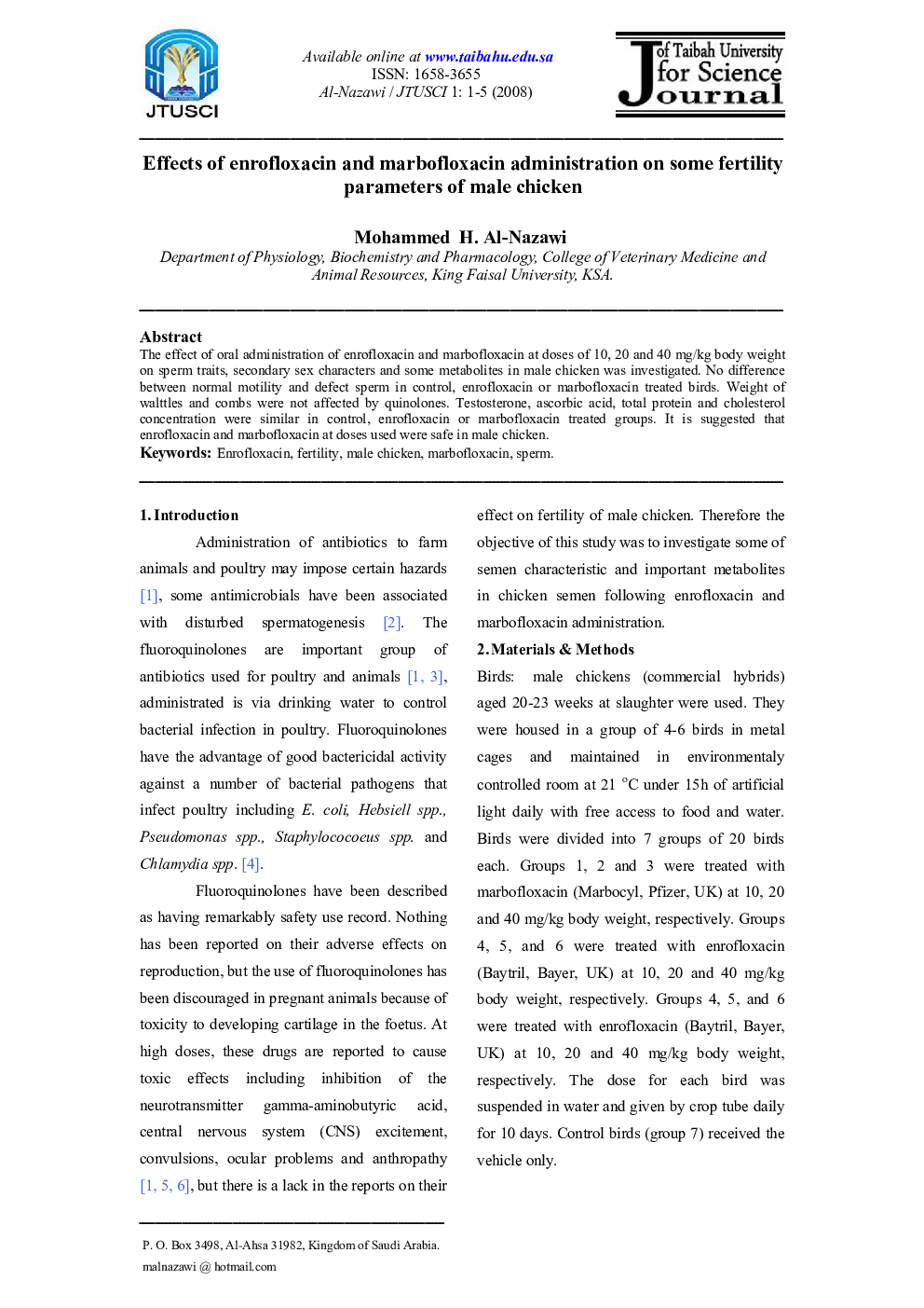 Effects of enrofloxacin and marbofloxacin administration on some fertility parameters of male chicken