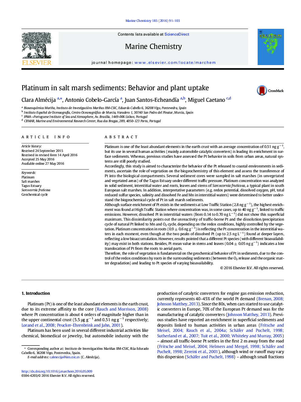 Platinum in salt marsh sediments: Behavior and plant uptake