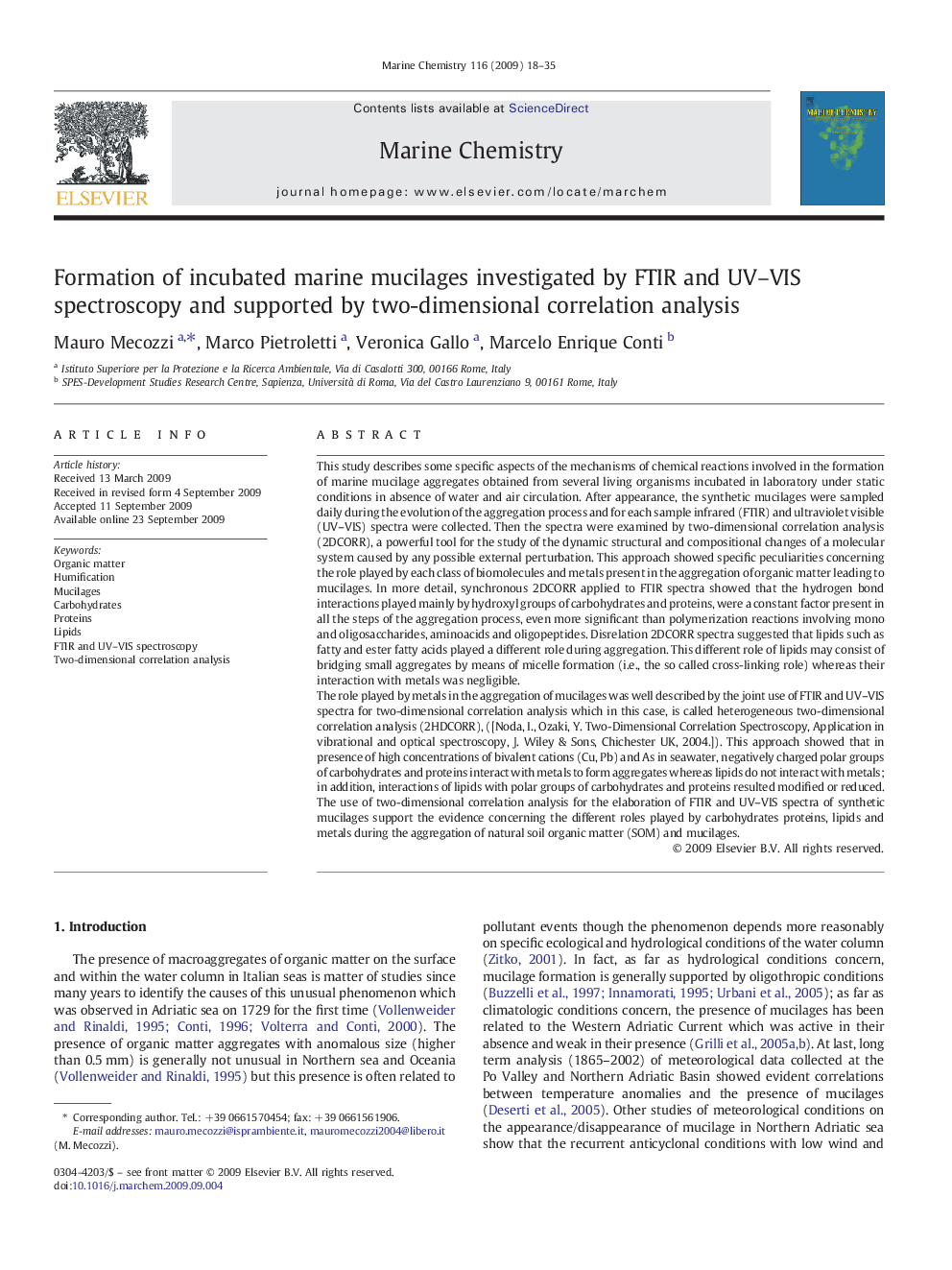 Formation of incubated marine mucilages investigated by FTIR and UV–VIS spectroscopy and supported by two-dimensional correlation analysis