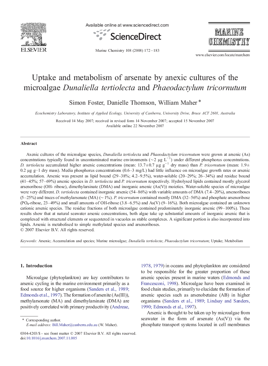 Uptake and metabolism of arsenate by anexic cultures of the microalgae Dunaliella tertiolecta and Phaeodactylum tricornutum