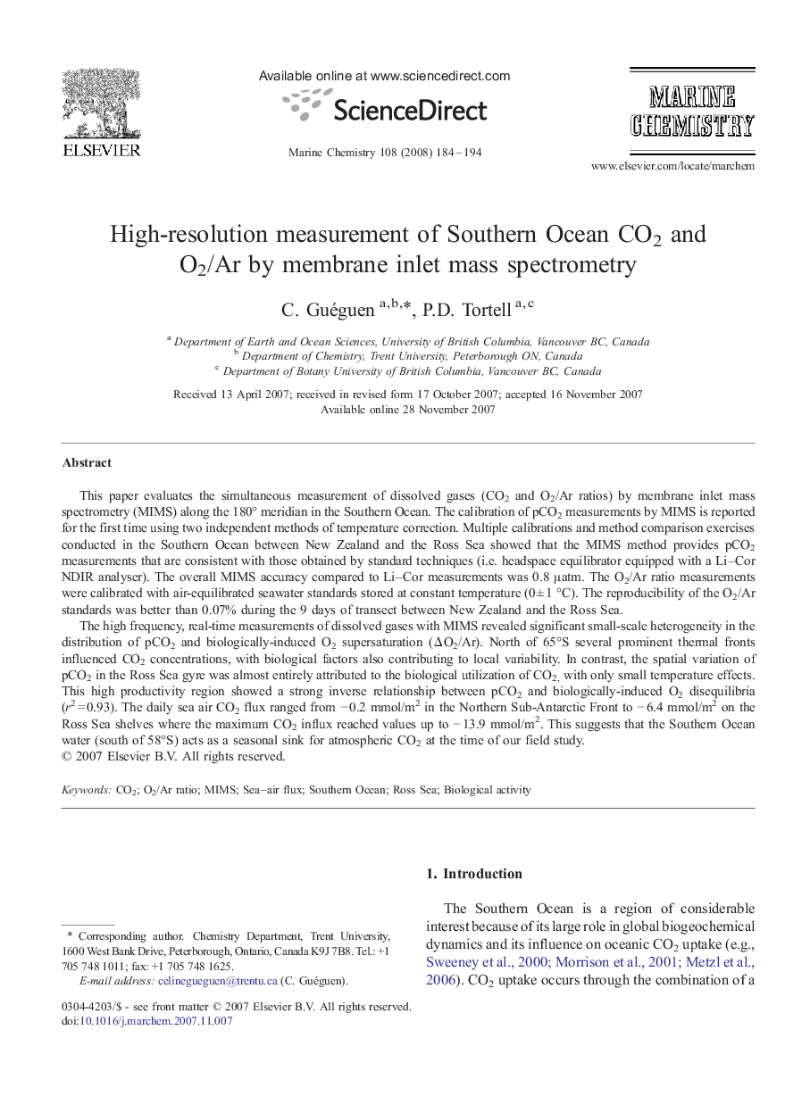 High-resolution measurement of Southern Ocean CO2 and O2/Ar by membrane inlet mass spectrometry