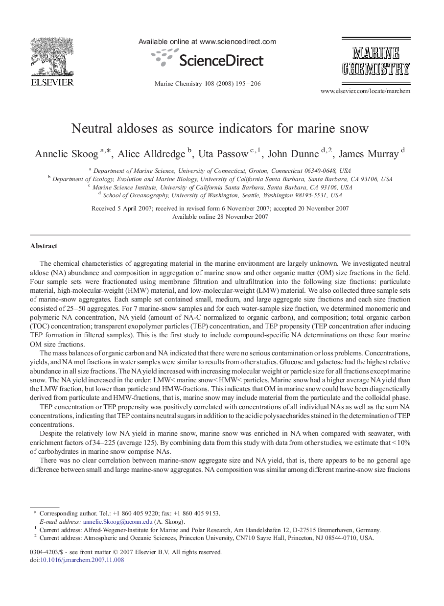 Neutral aldoses as source indicators for marine snow