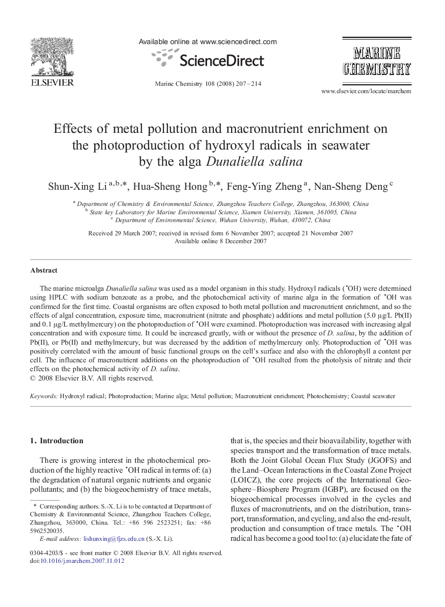 Effects of metal pollution and macronutrient enrichment on the photoproduction of hydroxyl radicals in seawater by the alga Dunaliella salina