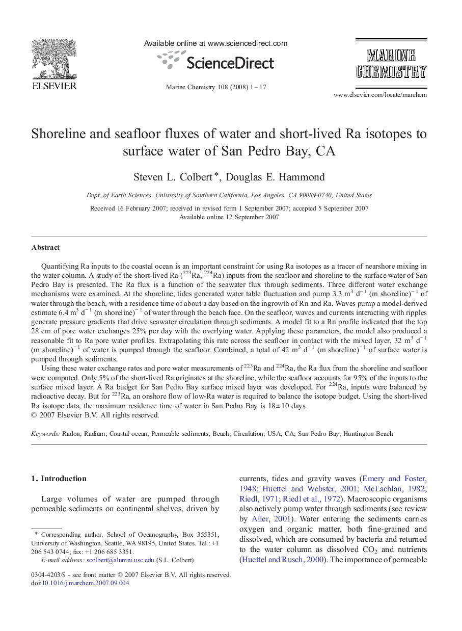 Shoreline and seafloor fluxes of water and short-lived Ra isotopes to surface water of San Pedro Bay, CA