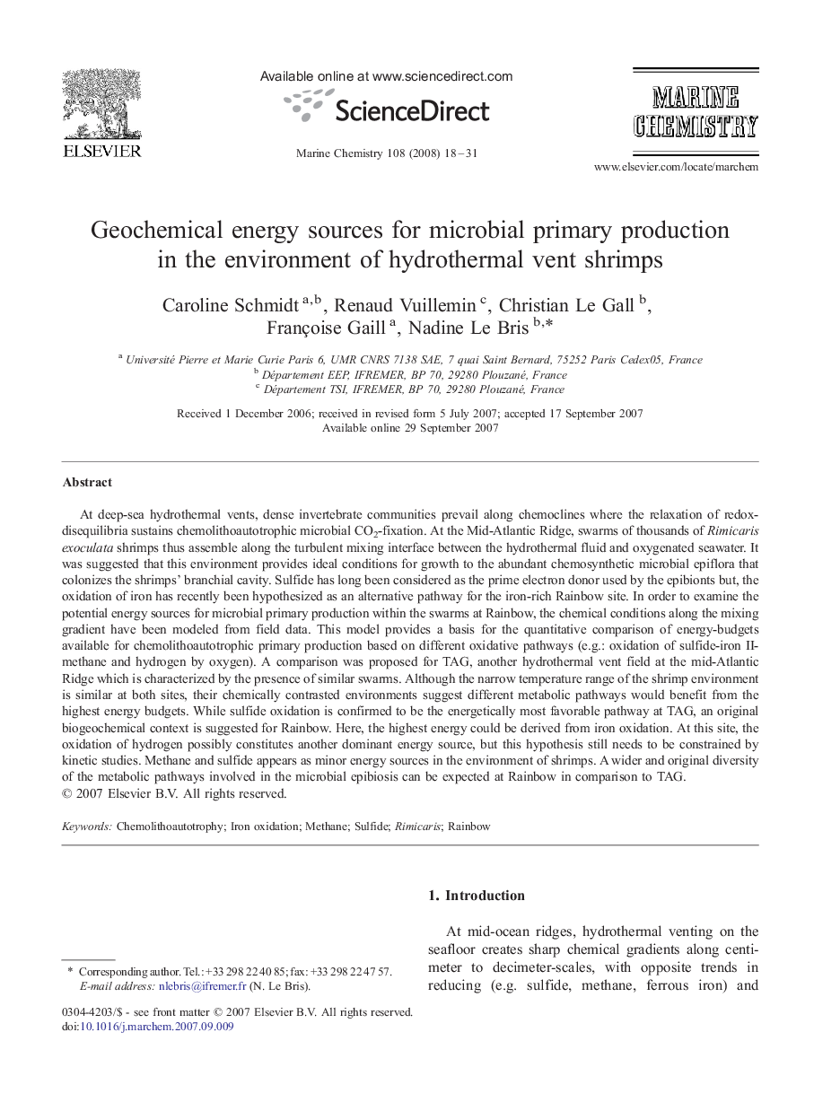 Geochemical energy sources for microbial primary production in the environment of hydrothermal vent shrimps