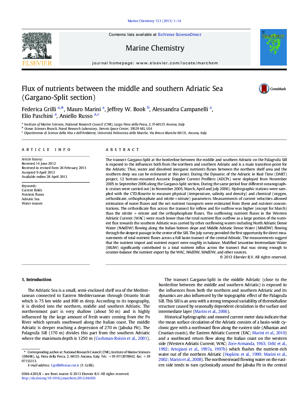 Flux of nutrients between the middle and southern Adriatic Sea (Gargano-Split section)