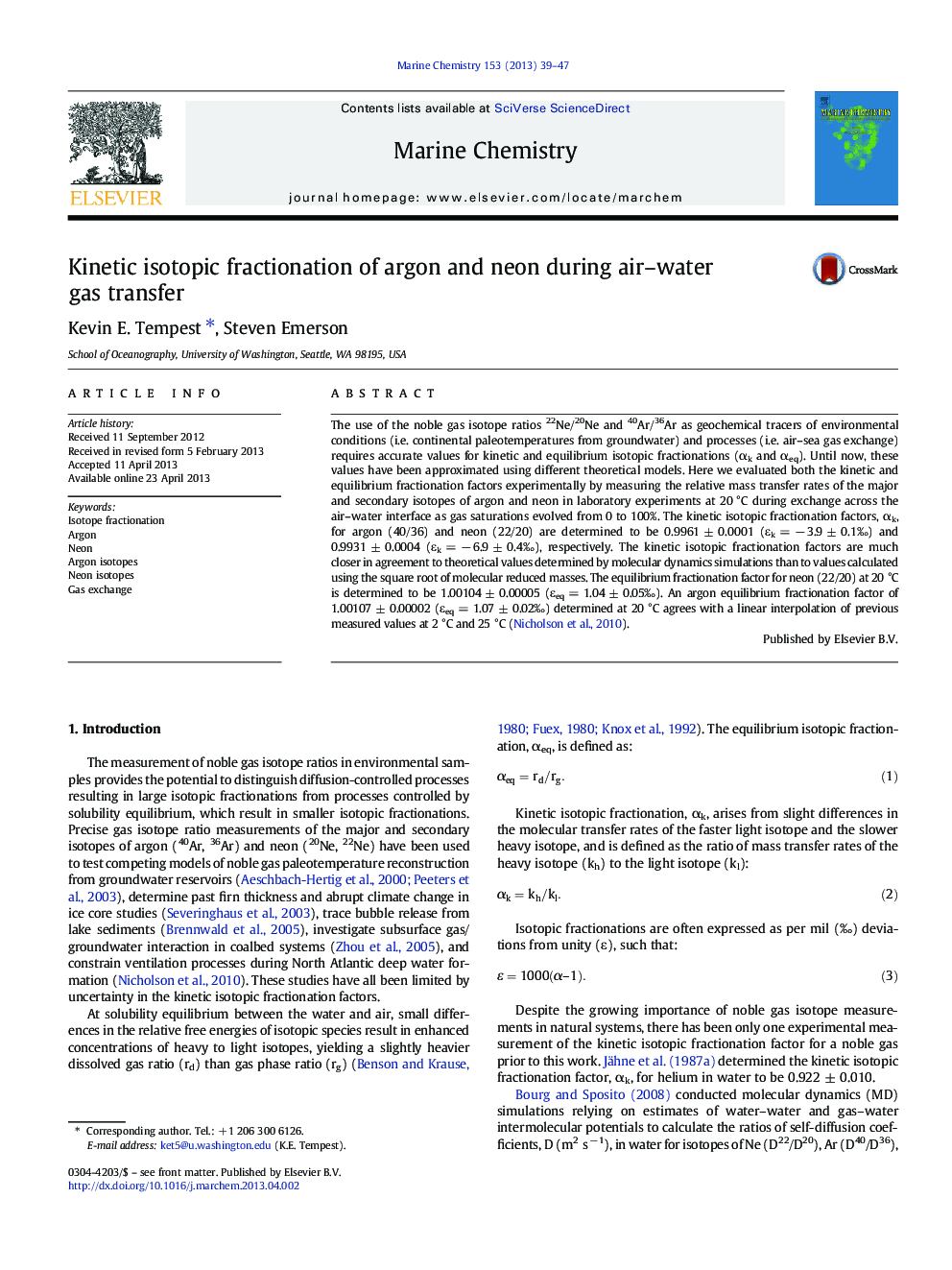 Kinetic isotopic fractionation of argon and neon during air–water gas transfer