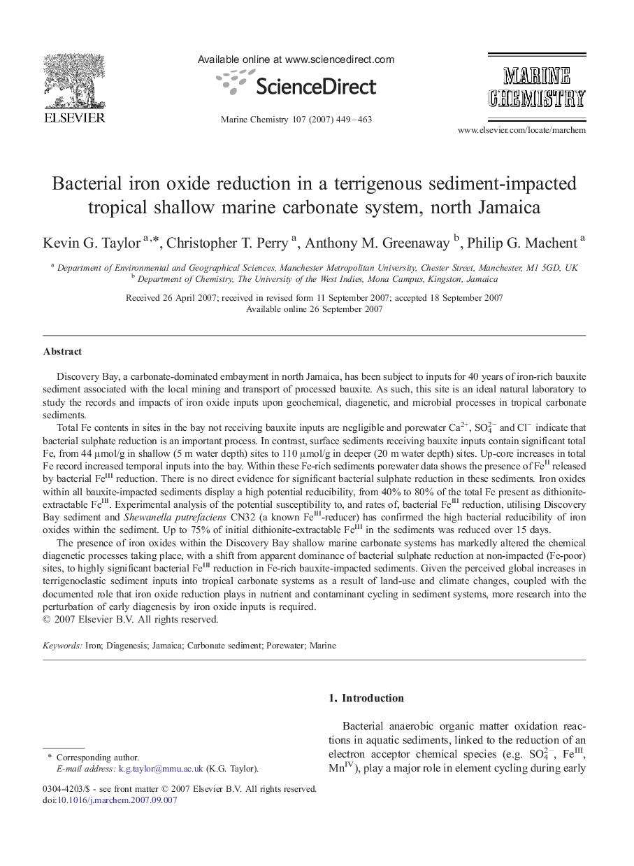 Bacterial iron oxide reduction in a terrigenous sediment-impacted tropical shallow marine carbonate system, north Jamaica