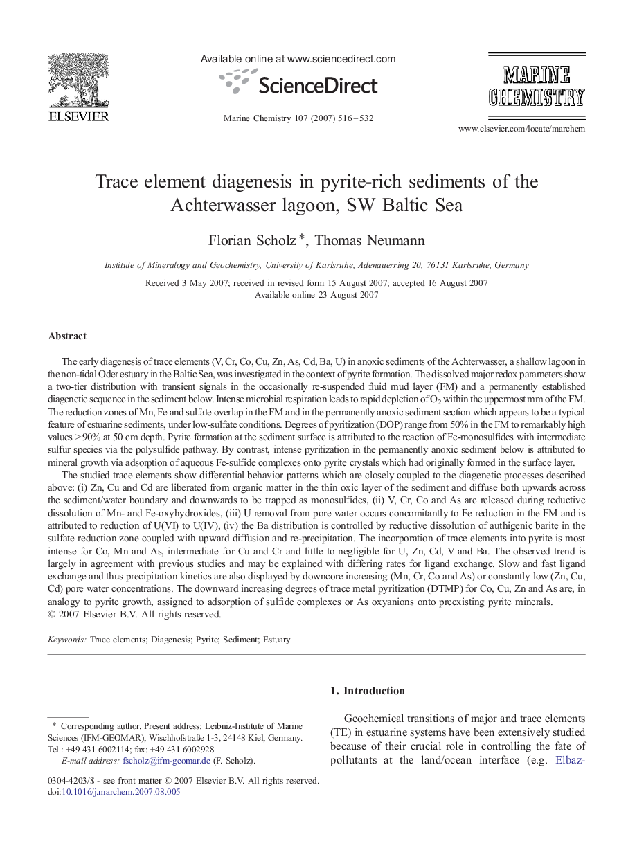 Trace element diagenesis in pyrite-rich sediments of the Achterwasser lagoon, SW Baltic Sea