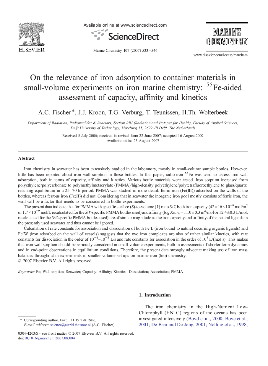 On the relevance of iron adsorption to container materials in small-volume experiments on iron marine chemistry: 55Fe-aided assessment of capacity, affinity and kinetics