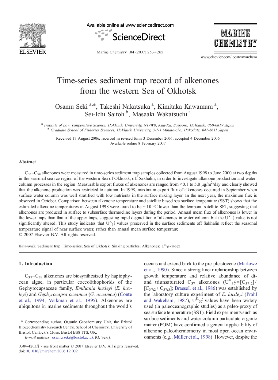 Time-series sediment trap record of alkenones from the western Sea of Okhotsk