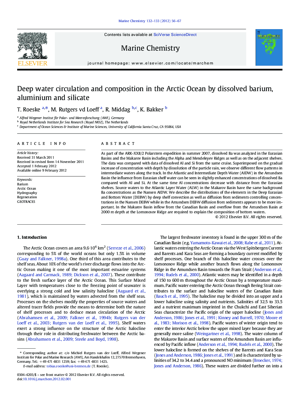 Deep water circulation and composition in the Arctic Ocean by dissolved barium, aluminium and silicate