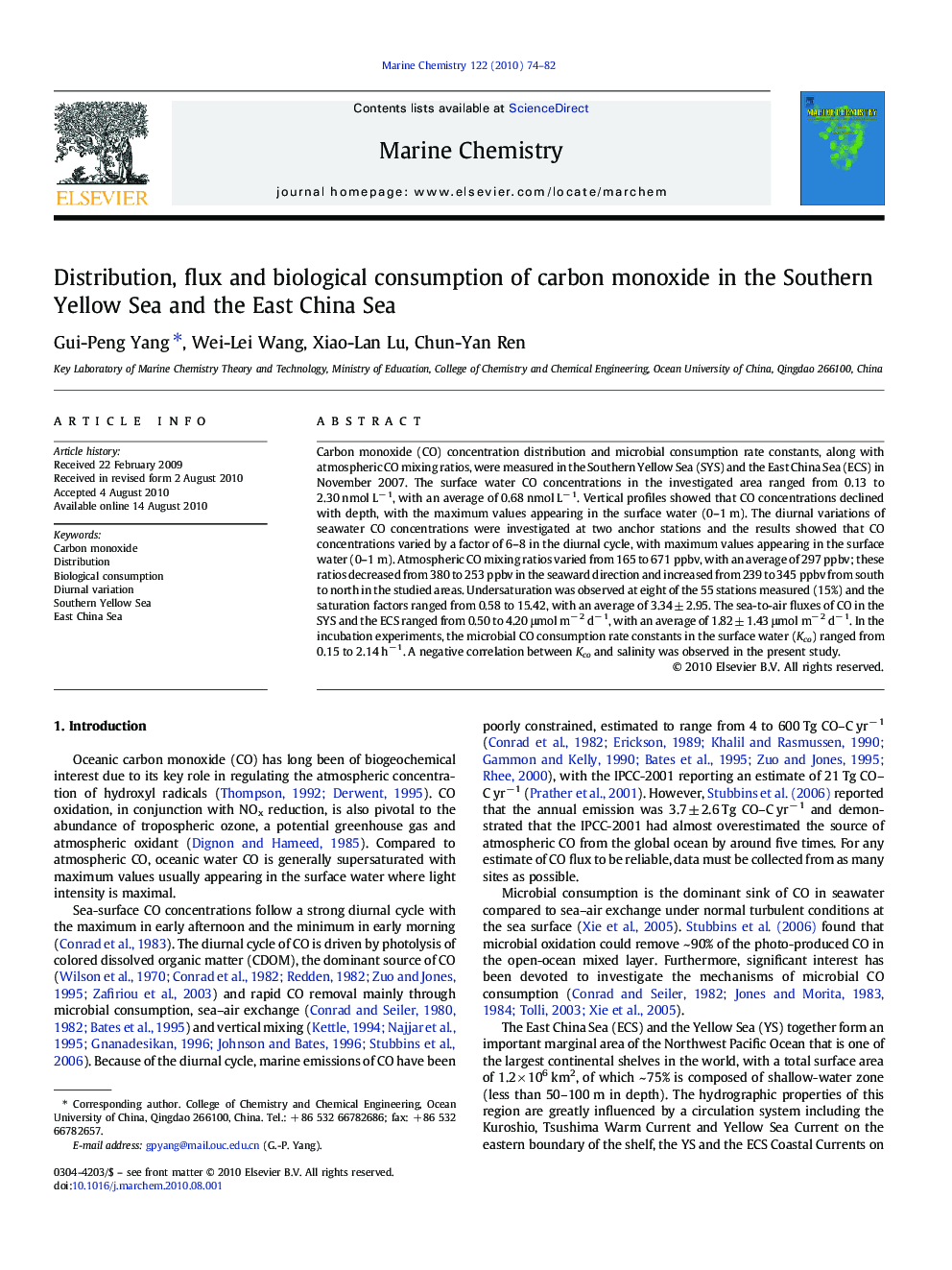 Distribution, flux and biological consumption of carbon monoxide in the Southern Yellow Sea and the East China Sea