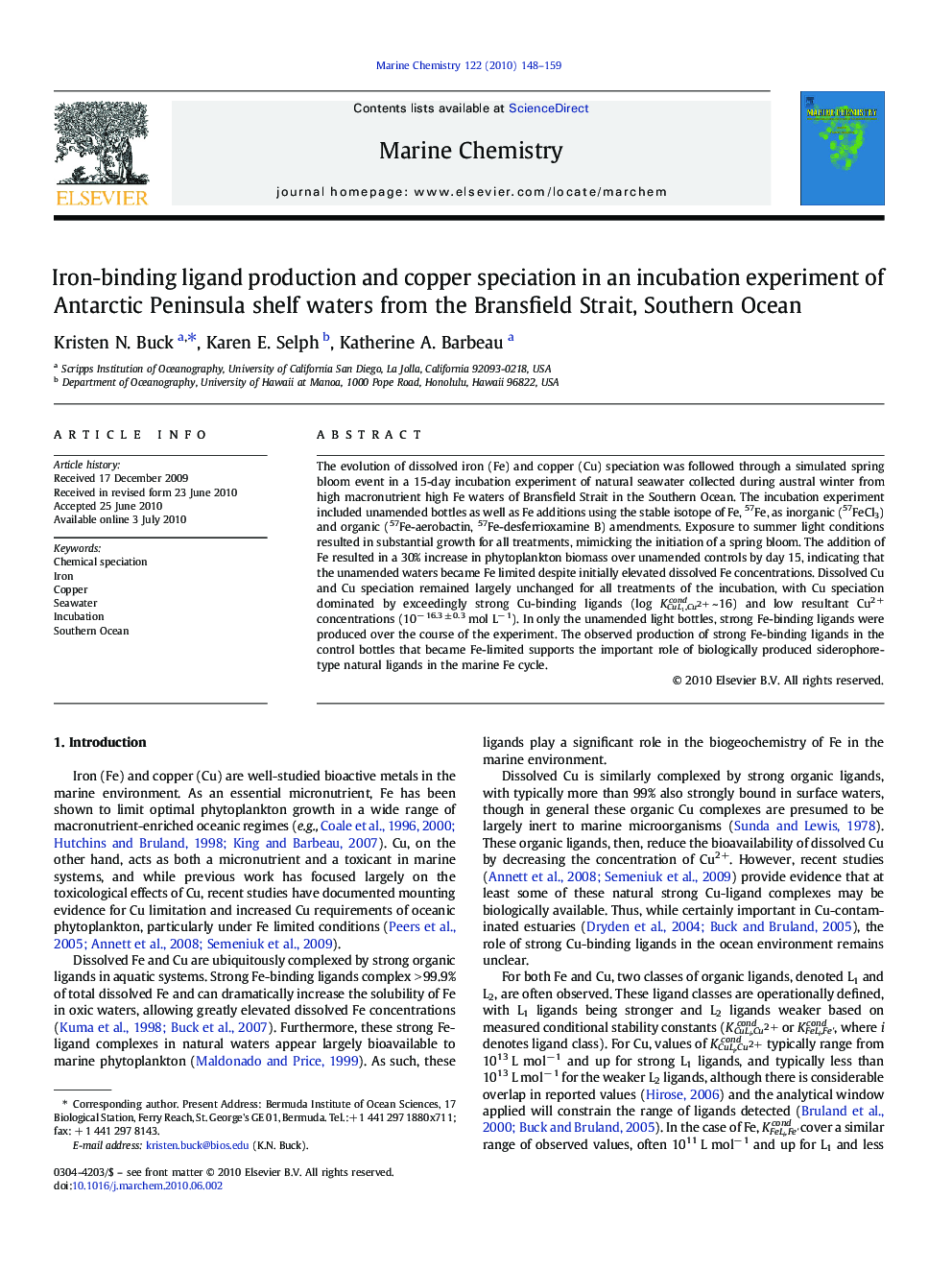 Iron-binding ligand production and copper speciation in an incubation experiment of Antarctic Peninsula shelf waters from the Bransfield Strait, Southern Ocean