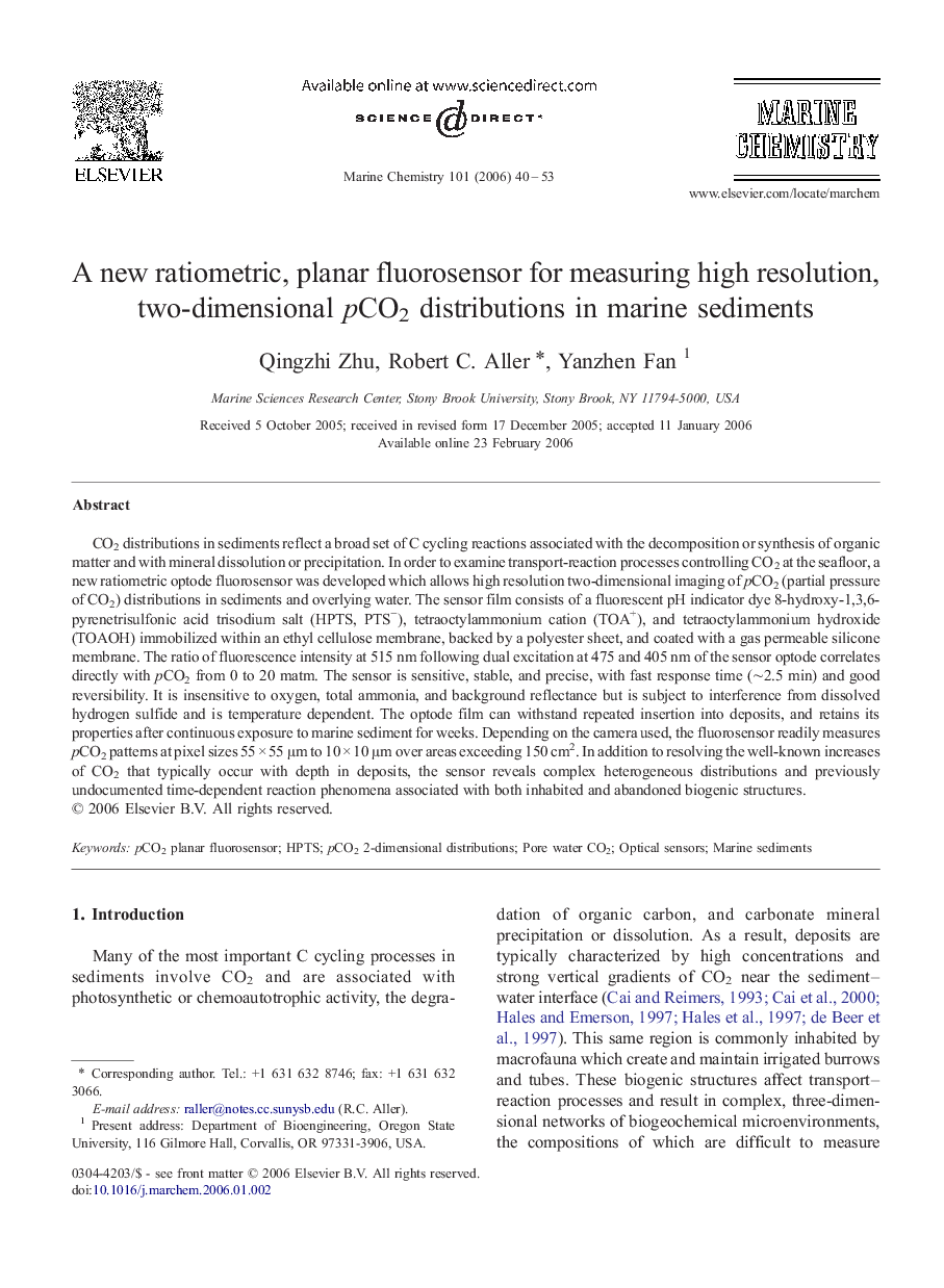 A new ratiometric, planar fluorosensor for measuring high resolution, two-dimensional pCO2 distributions in marine sediments