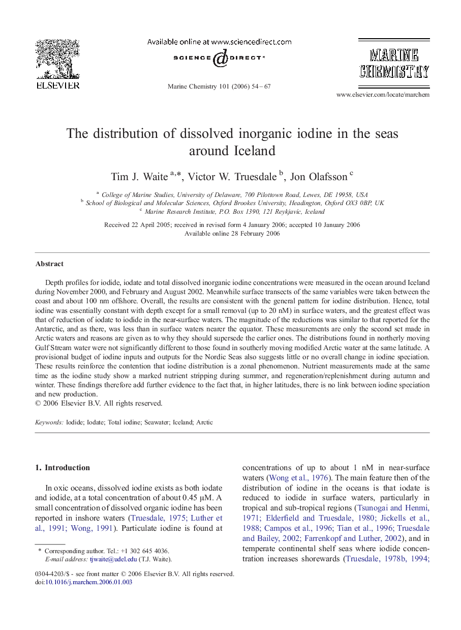 The distribution of dissolved inorganic iodine in the seas around Iceland