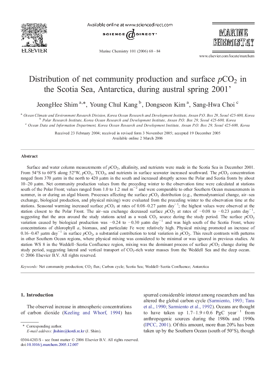 Distribution of net community production and surface pCO2 in the Scotia Sea, Antarctica, during austral spring 2001'