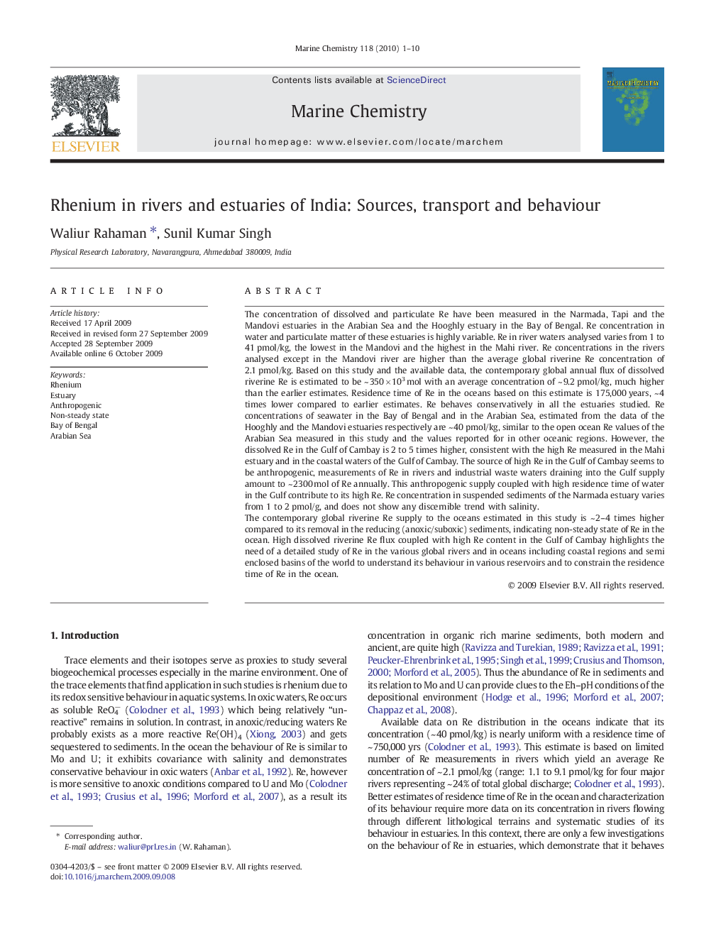 عکس صفحه اول مقاله: Rhenium in rivers and estuaries of India: Sources, transport and behaviour Rhenium in rivers and estuaries of India: Sources, transport and behaviour