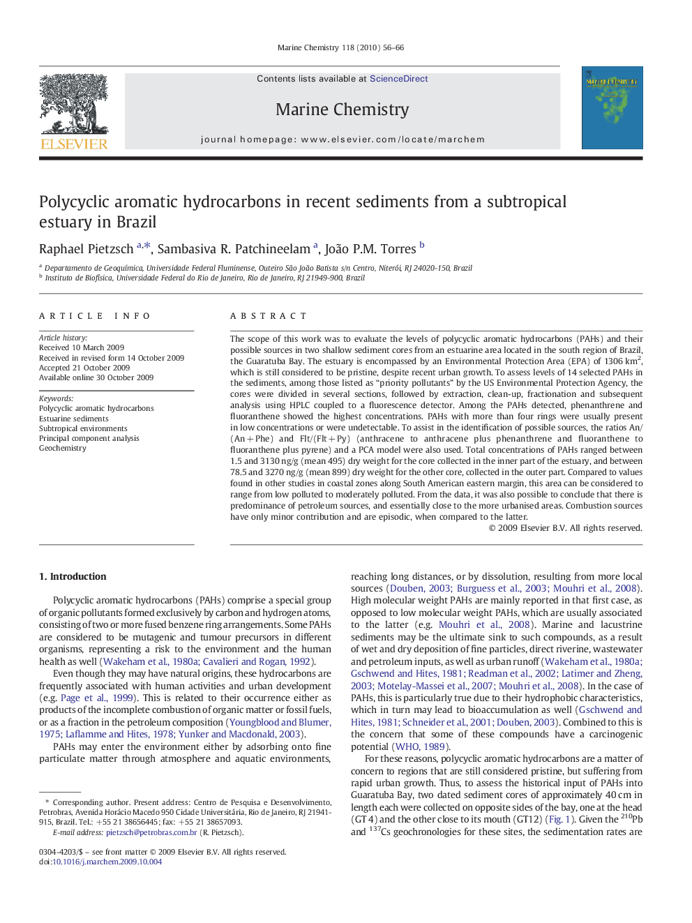 Polycyclic aromatic hydrocarbons in recent sediments from a subtropical estuary in Brazil