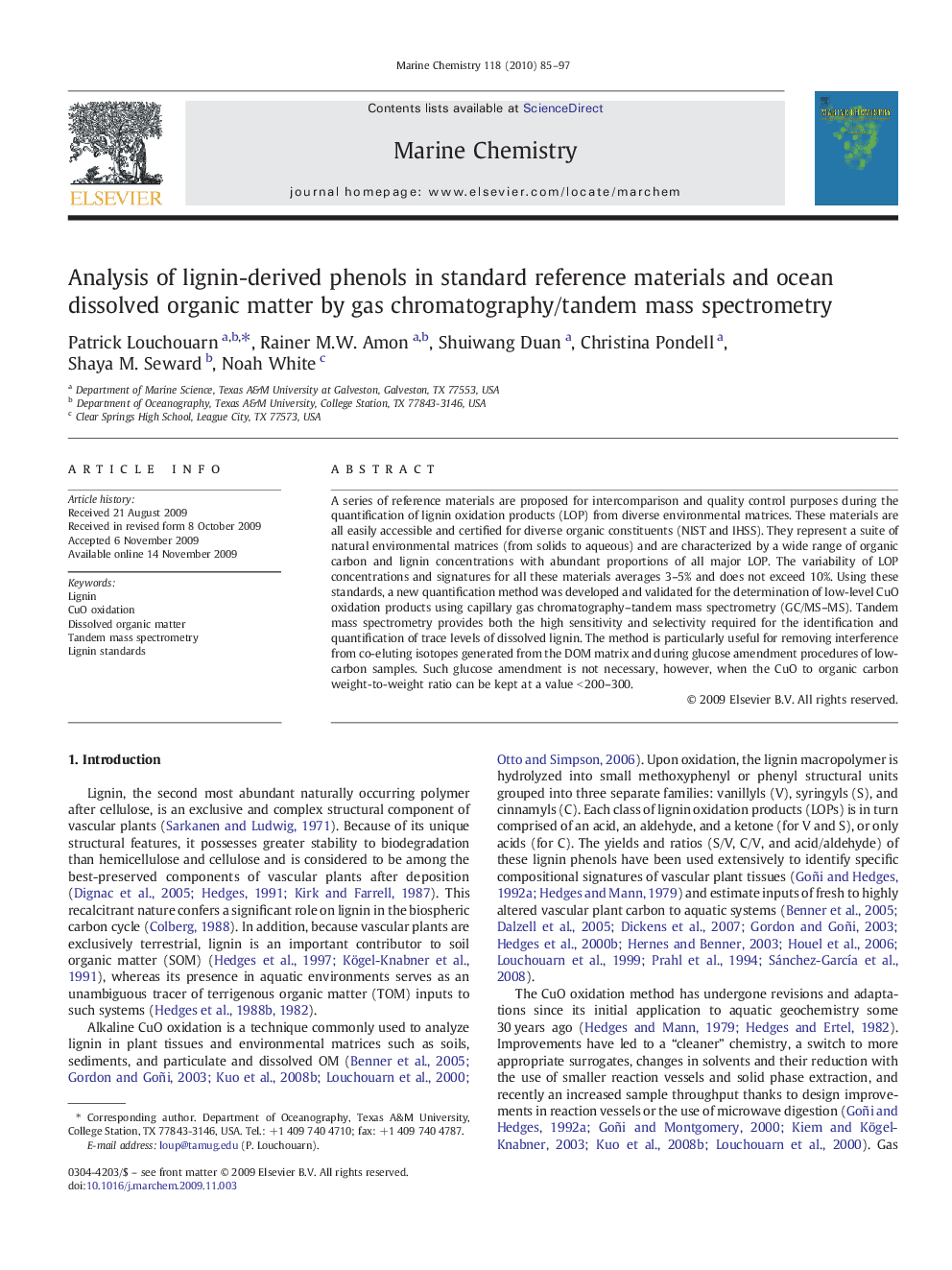 Analysis of lignin-derived phenols in standard reference materials and ocean dissolved organic matter by gas chromatography/tandem mass spectrometry