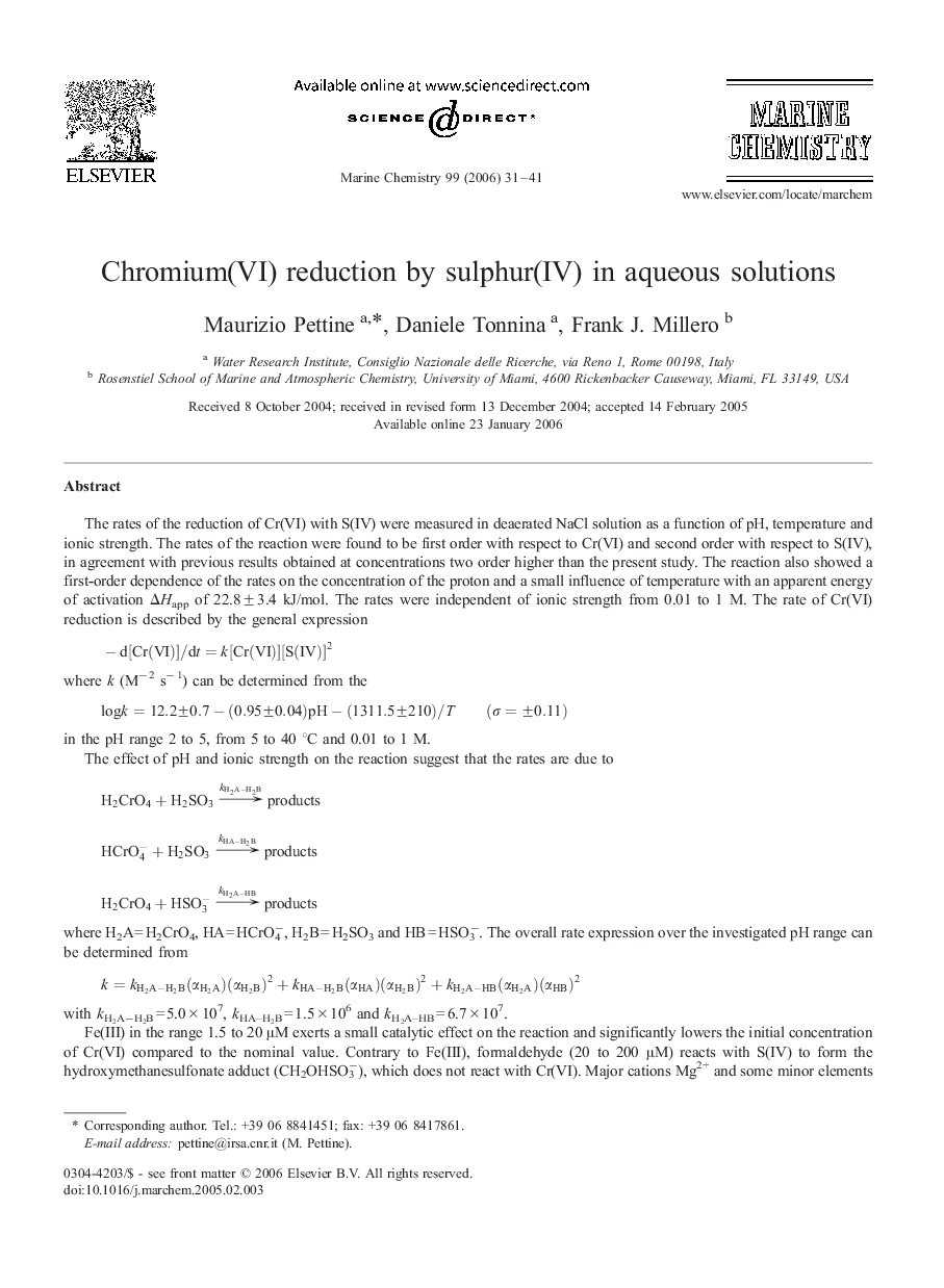 Chromium(VI) reduction by sulphur(IV) in aqueous solutions