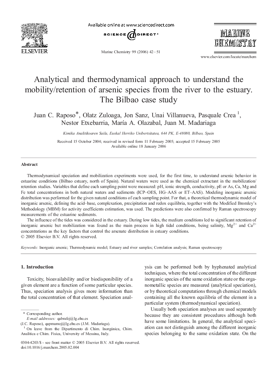 Analytical and thermodynamical approach to understand the mobility/retention of arsenic species from the river to the estuary. The Bilbao case study