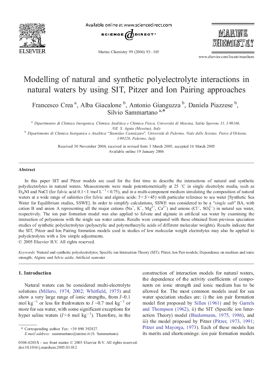 Modelling of natural and synthetic polyelectrolyte interactions in natural waters by using SIT, Pitzer and Ion Pairing approaches