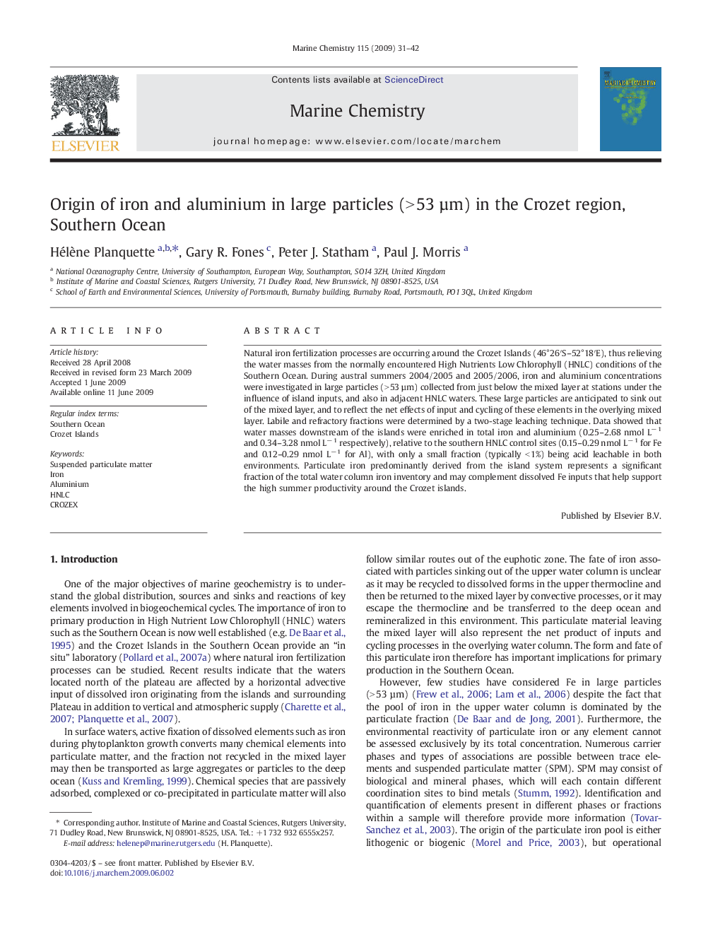 Origin of iron and aluminium in large particles (>Â 53Â Âµm) in the Crozet region, Southern Ocean