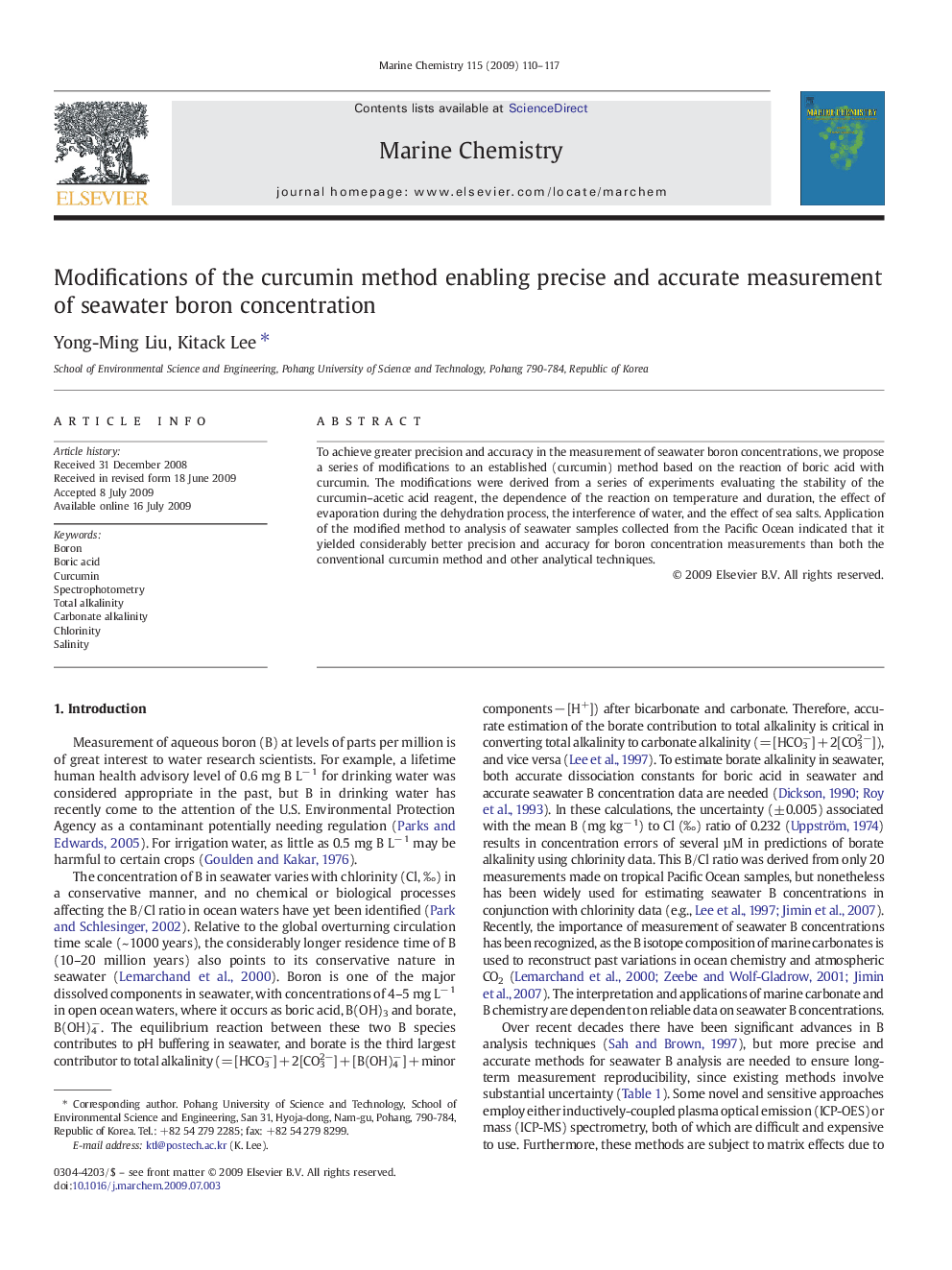 عکس صفحه اول مقاله: Modifications of the curcumin method enabling precise and accurate measurement of seawater boron concentration Modifications of the curcumin method enabling precise and accurate measurement of seawater boron concentration